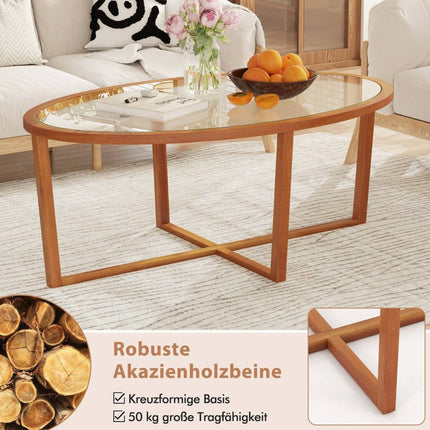 Glass coffee table with cross base & legs made of acacia wood Modern glass table side table
