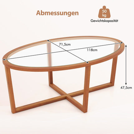Glass coffee table with cross base & legs made of acacia wood Modern glass table side table