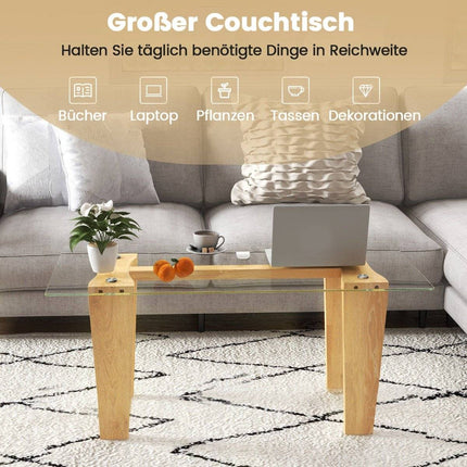 Glass coffee table with rubberwood legs Rectangular side table Glass table Coffee table
