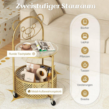 Glass side table with wheels 2-tier glass table round with bear pattern white