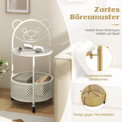 Glass side table with wheels 2-tier glass table round with bear pattern white