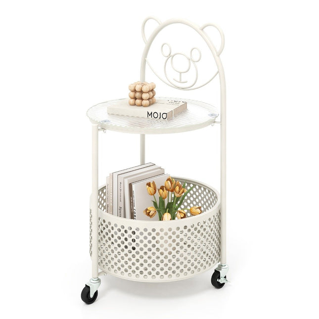 Glass side table with wheels 2-tier glass table round with bear pattern white
