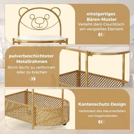 Glass side table with wheels 2-tier glass table with bear pattern 60 x 40 x 76 cm Golden