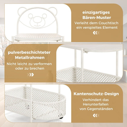 Glass side table with wheels 2-tier glass table with bear pattern 60 x 40 x 76 cm white