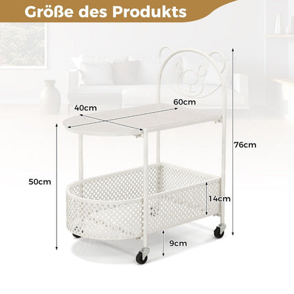 Glass side table with wheels 2-tier glass table with bear pattern 60 x 40 x 76 cm white