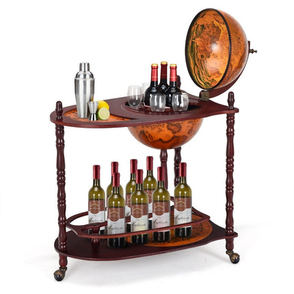 Globe bar made of eucalyptus wood on 3 wheels for opening. Home bar bottle rack