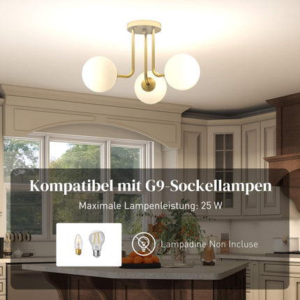 Gold Ceiling Light with Globe Shades, 3 G9 Sockets