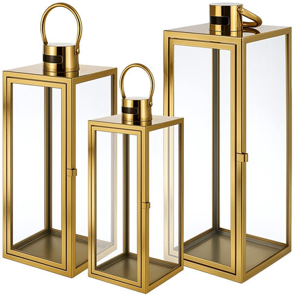 Gold Glass Candle Lanterns Set of 3, 38/49/63 cm, Stainless Steel Frame