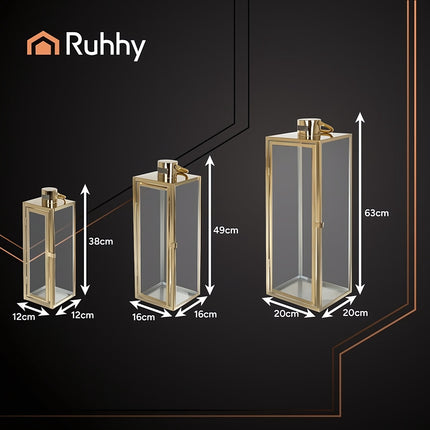 Gold Glass Candle Lanterns Set of 3, 38/49/63 cm, Stainless Steel Frame