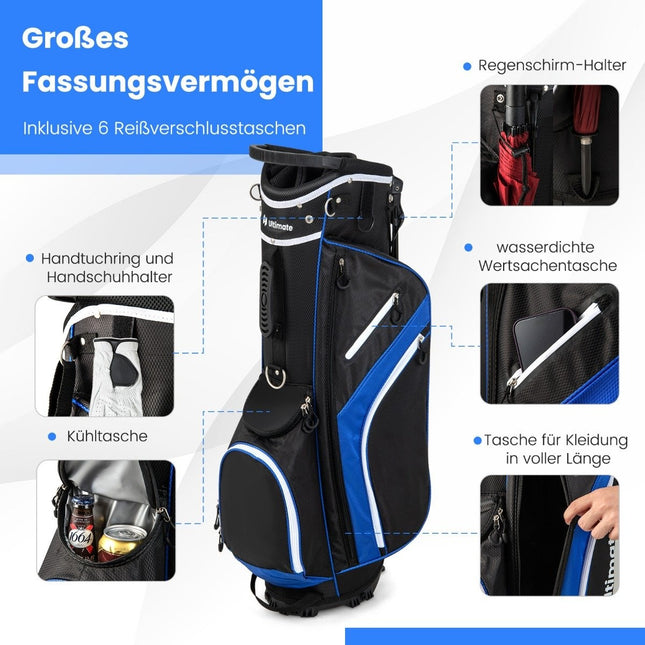 Golf Bag with 14-Way Divider, 6 Pockets, Rain Cover, Blue