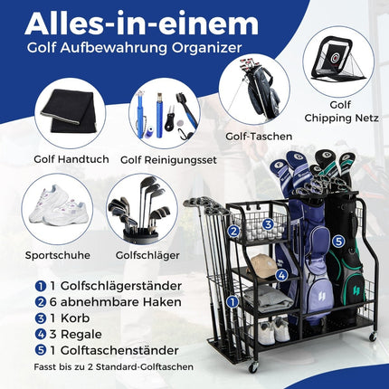 Golf Organizer with Wheels – Holds 2 Bags, Clubs, Gear