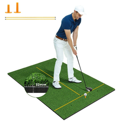 Golf hitting mat with 2 rubber tees, 2 alignment sticks and 6 tee positions, 152 x 92 cm, thickness 32 mm
