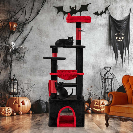 Gothic Cat Tree with Plush Perch, Scratching Posts, Black & Red