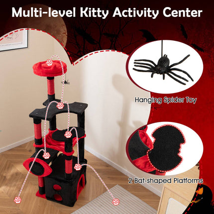 Gothic Cat Tree with Plush Perch, Scratching Posts, Black & Red