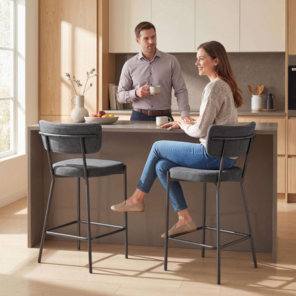 Gray Bar Stools Set of 2, Curved Back, Metal Frame
