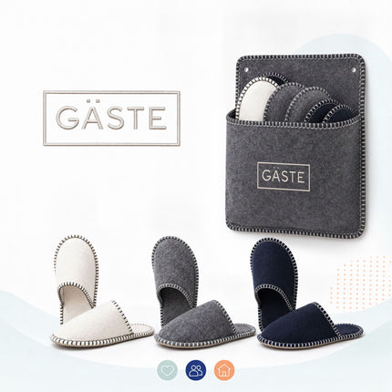 Gray Felt Guest Slippers Set, 6 Pairs with Storage Bag