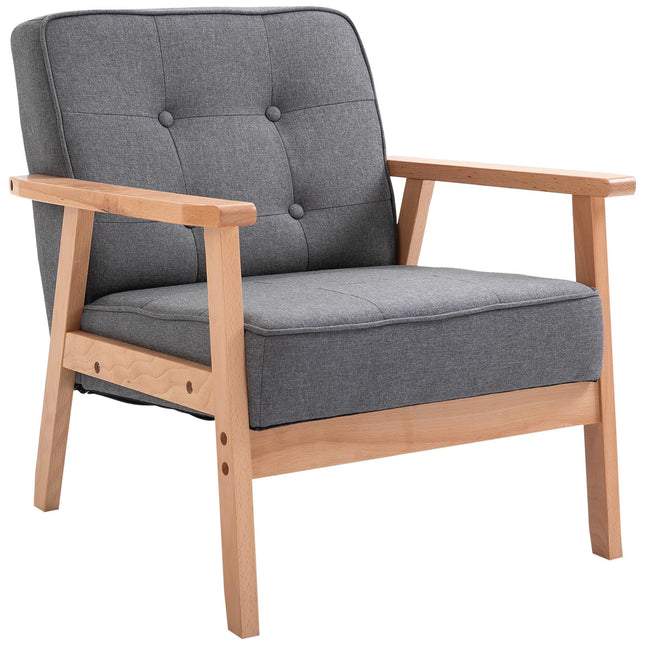 Grijze linnen fauteuil met houten frame, draagvermogen 120 kg