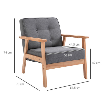 Gray Linen Armchair with Wooden Frame, 120kg Capacity