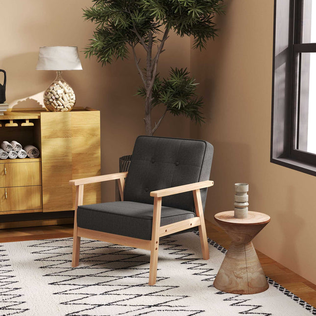 Grijze linnen fauteuil met houten frame, draagvermogen 120 kg
