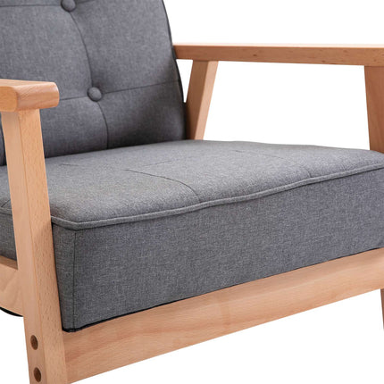 Gray Linen Armchair with Wooden Frame, 120kg Capacity