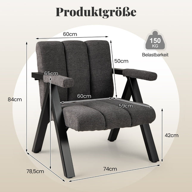 Grijze loungestoel met armleuningen en metalen frame