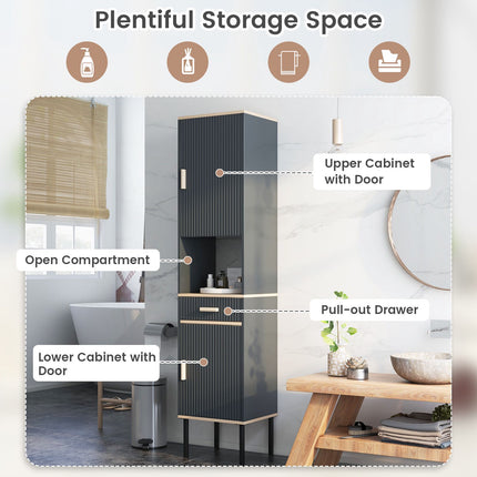 Gray Narrow Bathroom Cabinet with Doors and Drawer