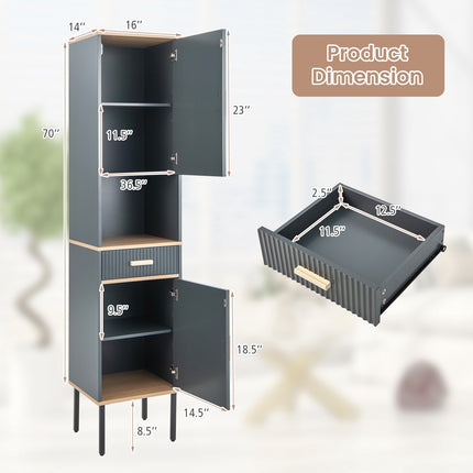 Gray Narrow Bathroom Cabinet with Doors and Drawer