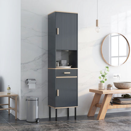 Gray Narrow Bathroom Cabinet with Doors and Drawer