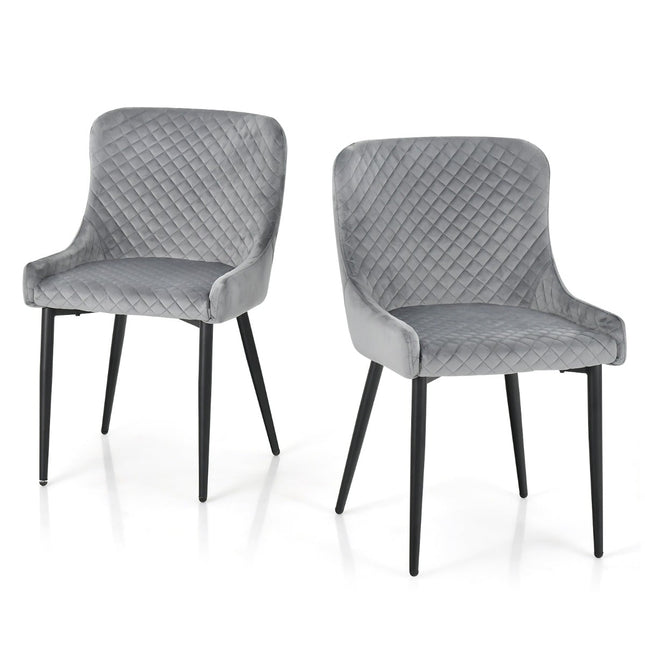 Set van 2 grijze fluwelen eetkamerstoelen met metalen poten.