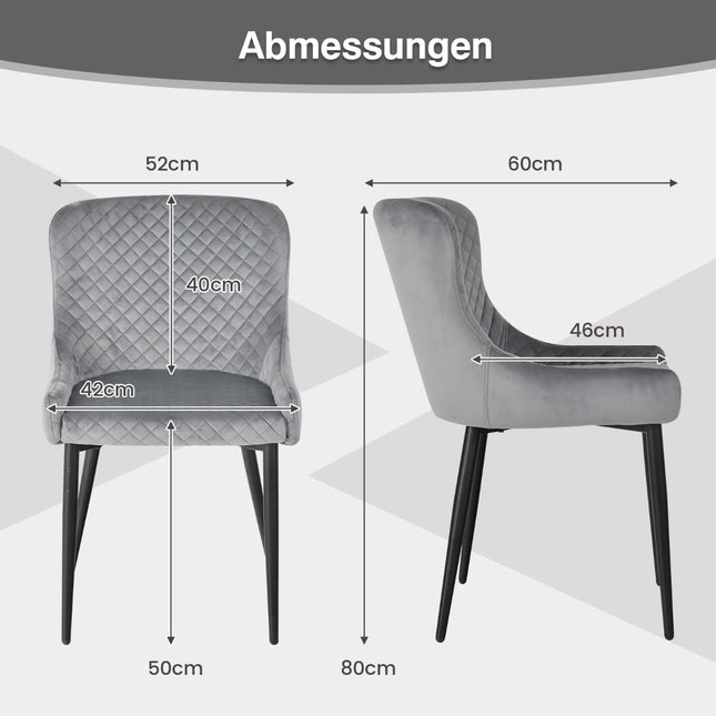 Set van 2 grijze fluwelen eetkamerstoelen met metalen poten.