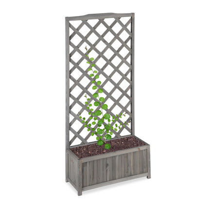 Gray planter box with trellis