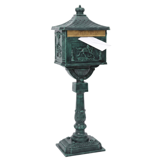 Green Antique Freestanding Column Letterbox, Aluminium