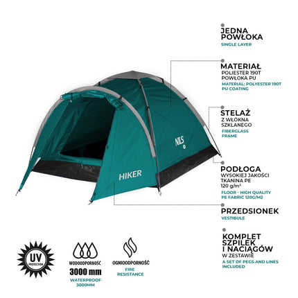 Green Camping Tent for Hikers, 2-Person Capacity