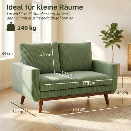 Green Cord 2-Seater Sofa, 134 cm with Pocket Springs