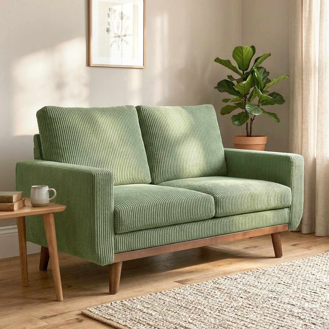 Groene corduroy 2-zitsbank, 134 cm, met pocketveren