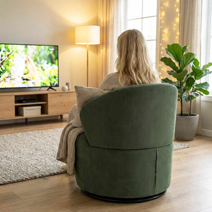 Green Corduroy Swivel Chair, 360 Rotation, Ergonomic Back
