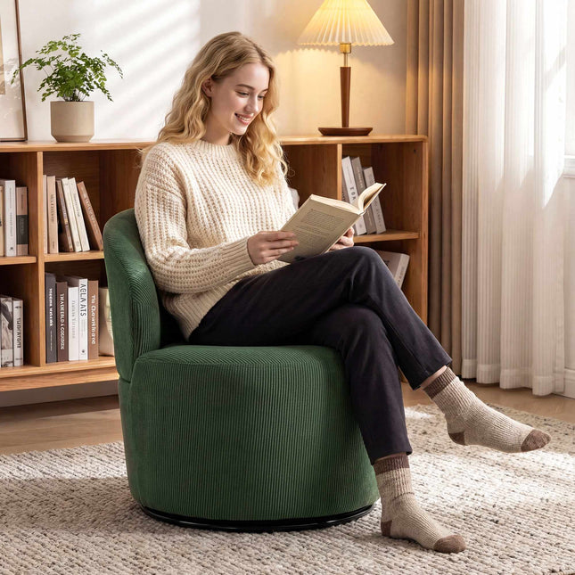 Green Corduroy Swivel Chair, 360 Rotation, Ergonomic Back