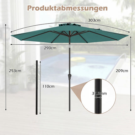 Green Patio Umbrella, 303 cm, Crank Tilt, Weather-Resistant
