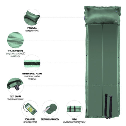 Green Self-Inflating Camping Mat, Compact & Lightweight