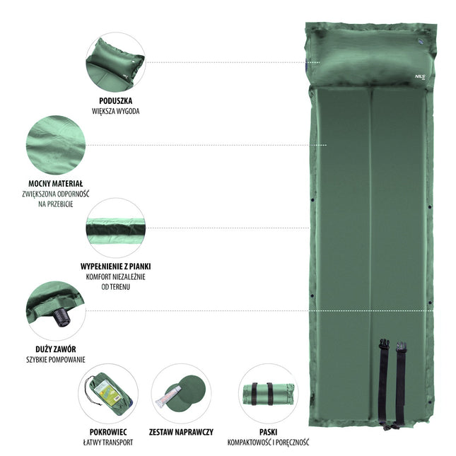 Green Self-Inflating Camping Mat, Compact & Lightweight