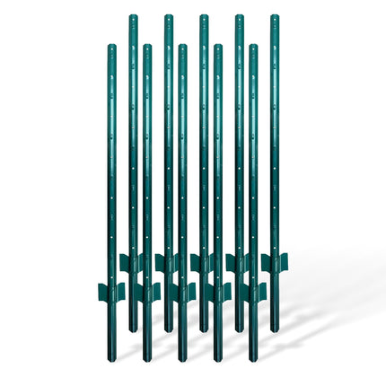 Green Steel Fence Posts with Ground Anchors, 120 cm, Set of 10