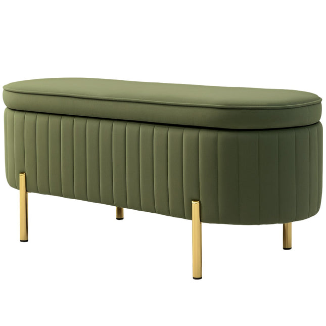 Groene fluwelen opbergbank met gouden poten, inhoud 19 gallon