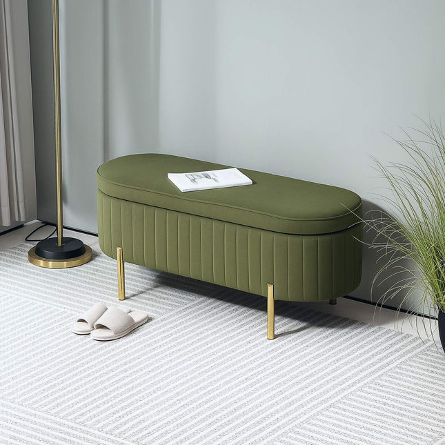 Groene fluwelen opbergbank met gouden poten, inhoud 19 gallon