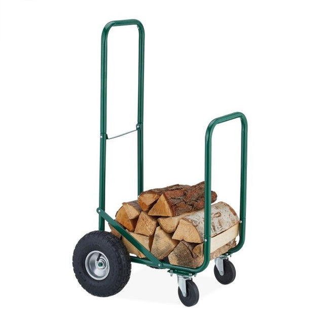 Green firewood cart with pneumatic tires