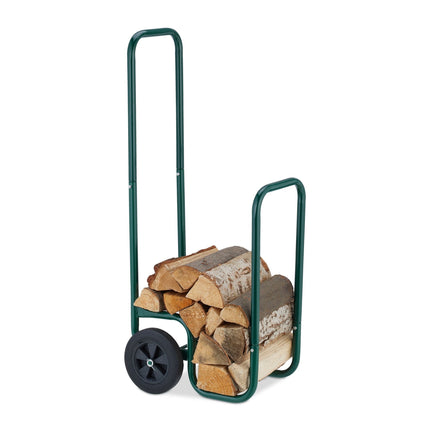 Green firewood cart with rubber tires