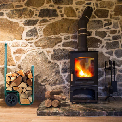 Green firewood cart with rubber tires