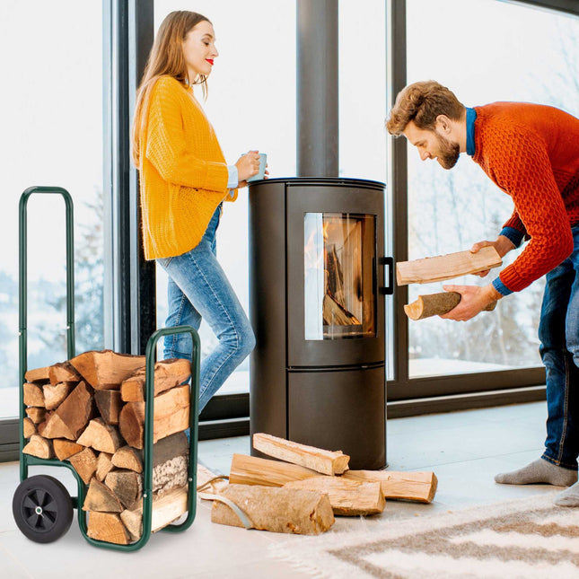 Green firewood cart with rubber tires