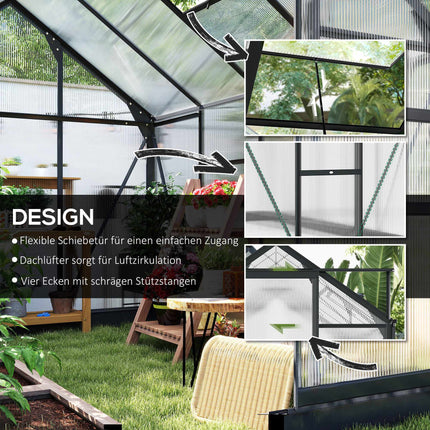 Greenhouse 190x252x201 cm, Polycarbonate, Sliding Door, Roof Vent