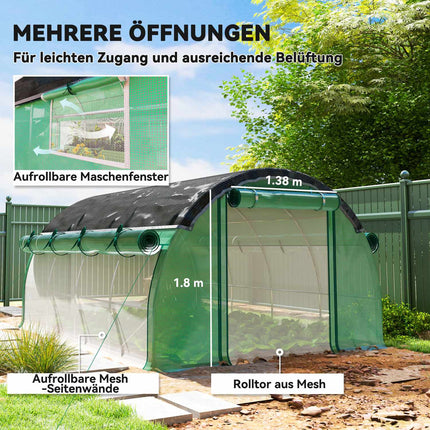 Kas 4 x 3 x 2 m foliekas met 8 ramen, roldeuren, oprolbare zijwanden, UV-bestendige folietunnel, wintervaste tomatenhuis met grondanker, groen Aosom