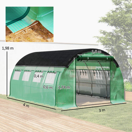 Kas 4 x 3 x 2 m foliekas met 8 ramen, roldeuren, oprolbare zijwanden, UV-bestendige folietunnel, wintervaste tomatenhuis met grondanker, groen Aosom